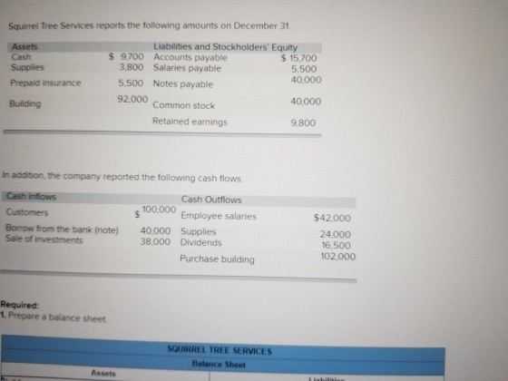 Squirrel Tree Services reports the following amounts on December 31. Assets Cash Supplies Prepaid insurance Liabilities and S