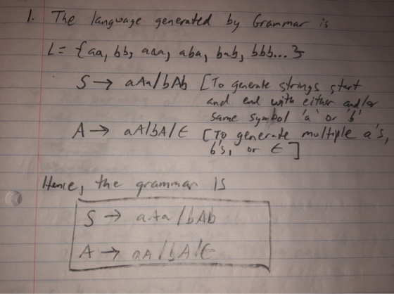 1. The language generated by Grammar is 2 = {aa, bby aca, aba, bab, bbb...} Sata/bab [To generate strings start and end with