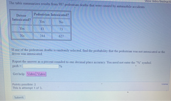 Show Intro/Instructi The table summarizes results from 987 pedestrian deaths that were caused by automobile accidents. Intoxi