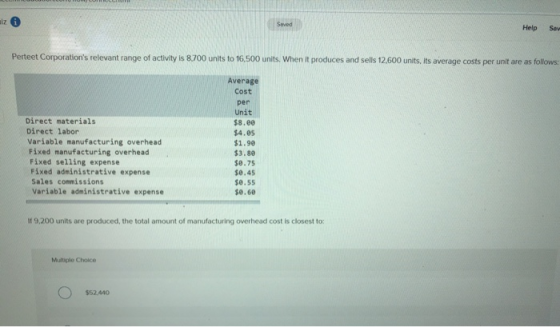iz Help Sy Perteet Corporations relevant range of activity is 8.700 units to 16,500 units. When it produces and sells 12,600