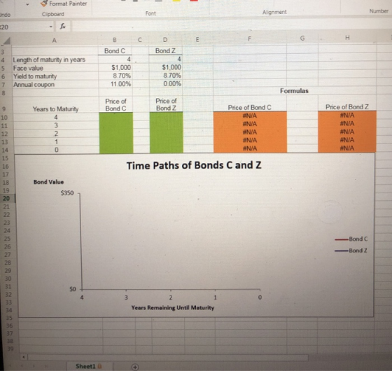 Format Painter Clipboard Font Agnment Number Bond C Bond Z Length of maturity in years Face value Yield to maturity Annual co