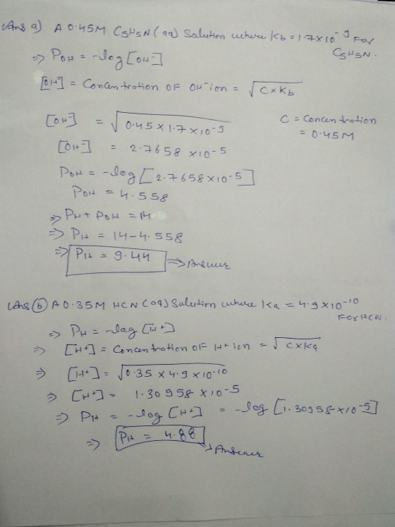 And a A 0.45M CSHSN (aa) Salution where kb=17X10 I for CGHSN. - Poe = dea Loы — [lt] = Concentration of onion- rex kb c = Con