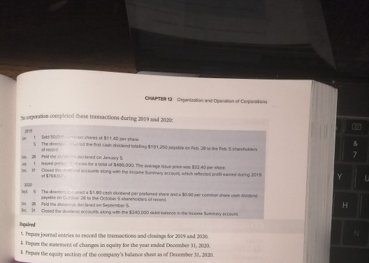 CHAPTER 12 Organization and Operation of Corporations ocation completed these transactions during 2019 and 2020: + Sold S $ T