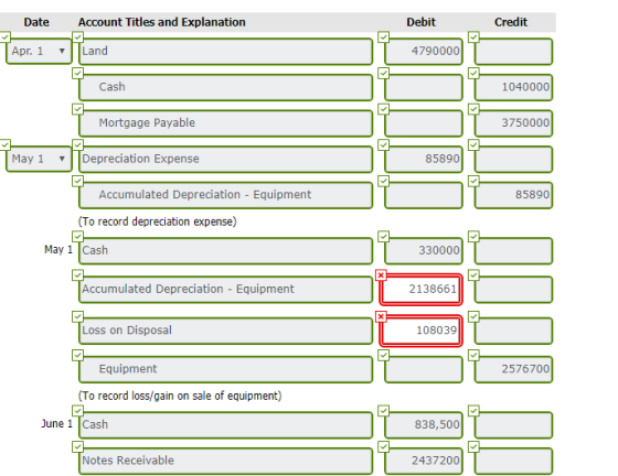 Debit Credit Date TApr. 1 Account Titles and Explanation Land 4790000 Cash 040000 T Mortgage Payable 3750000 May 1 Depreciati