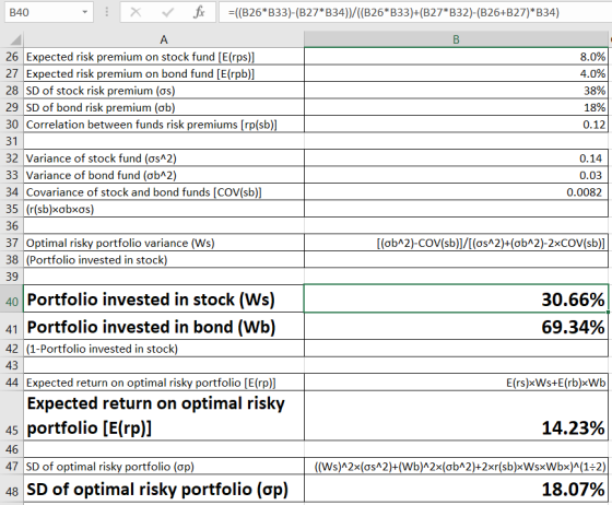 B40 X ✓ fi =((B26*B33)-(B27*B34)/((B26*B33)+(B27*B32)-(B26+B27)*B34) А 26 Expected risk premium on stock fund [E(rps)] 27 Exp