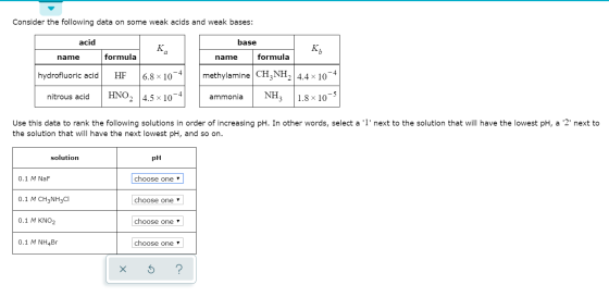 Consider the following data on some weak acids and weak bases: acid base K. - K name formula name formula hydrofluoric acid H