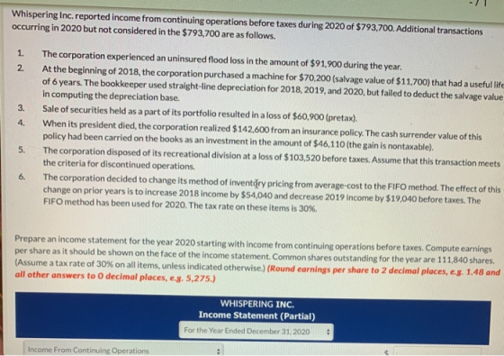 1. 2. Whispering Inc. reported income from continuing operations before taxes during 2020 of $793,700. Additional transaction