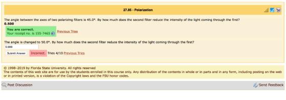 27.85 Polarization The angle between the axes of two polarizing filters is 45.0°. By how much does the second filter reduce t