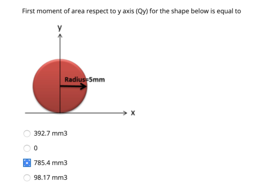 First moment of area respect to y axis (Qy)for the shape below is equal to Radius 5mm 392.7 mm3 785.4 mm3 98.17 mm3