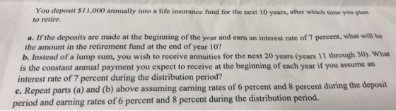You deposit $11,000 annually into a life insurance fund for the next 10 years, after which time you plan to retire. a. If the