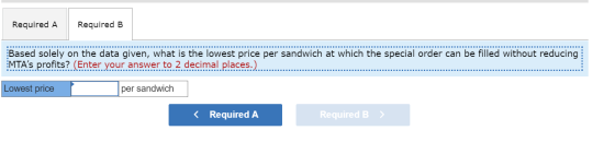 Required A Required B Based solely on the data given, what is the lowest price per sandwich at which the special order can be