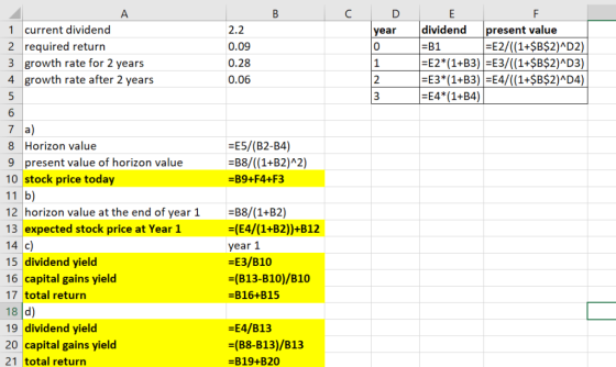 B A F dividend current dividend 2.2 1 year present value =E2/((1+SB$2)^D2) 2 required return 3 growth rate for 2 years 4 grow