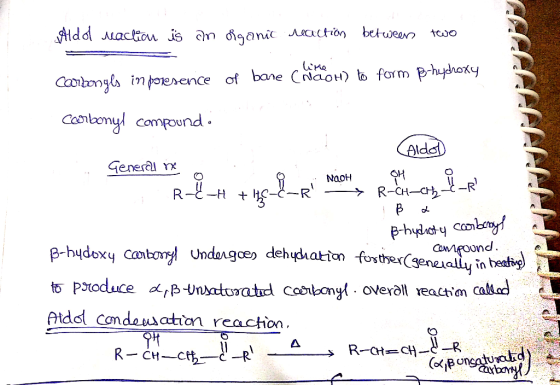 Aldo reaction is an organic reaction between TO Carbonyls in presence of bare chãoh) to form B-hychoty carbonyl compound. Gen