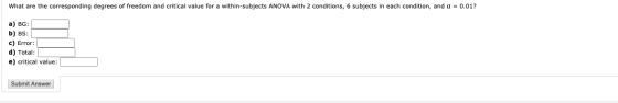 What are the corresponding degrees of freedom and critical value for a within-subjects ANOVA with 2 conditions, 6 subjects in