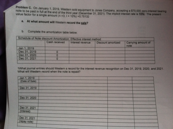 Problem . On January 1, 2019, Western sold equipment to Jones Company, accepting a $70,000 zero-interest bearing note to be p