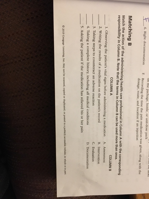6. Right documentation on the package, bottle, or unit-dose pack F. Recording the time the pain medication was given, along w