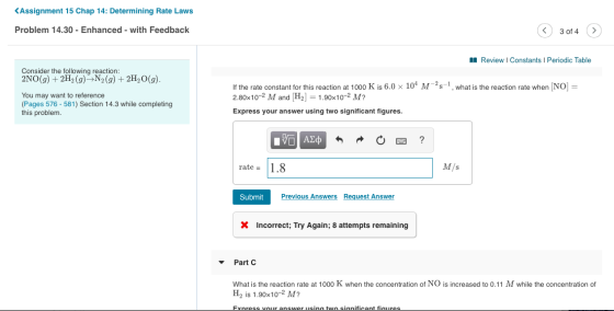 <Assignment 15 Chap 14: Determining Rate Laws Problem 14.30 - Enhanced - with Feedback ® 3014 ~ M Review | Constants Periodic