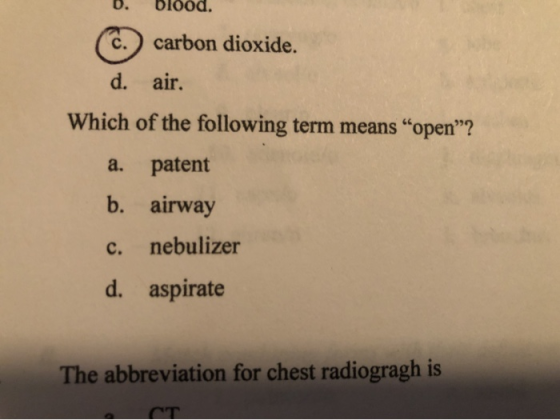 B. Blood. (C. carbon dioxide. d. air. Which of the following term means “open”? a. patent b. airway c. nebulizer d. aspirate