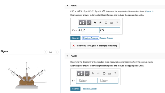 Part A If F1 = 16 kN, F2 = 22 kN, F3 = 16 kN, determine the magnitude of the resultant force. (Figure 1) Express your answer