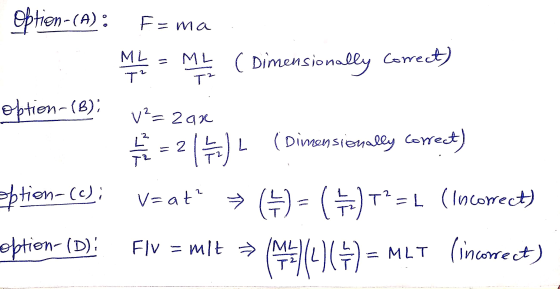 Optien-(A): F=ma ML ML Dimensionally correct) T? T? option-(8) v²=2an 2 1 / 1 = 2 11 ) L Dimensionally correct) obtion-(c) V-