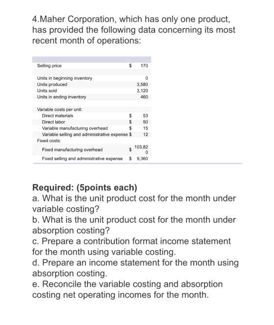 4.Maher Corporation, which has only one product, has provided the following data concerning its most recent month of operatio