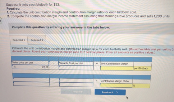 Suppose it sells each birdbath for $22. Required: 1. Calculate the unit contribution margin and contribution margin ratio for