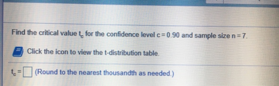 Find the critical value t for the confidence level c= 0.90 and sample size n=7. Click the icon to view the t-distribution tab