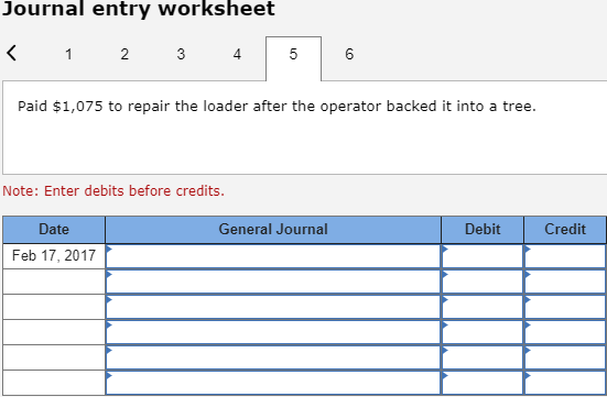 Journal entry worksheet < 1 2 3 4 6 Paid $1,075 to repair the loader after the operator backed it into a tree. Note: Enter de