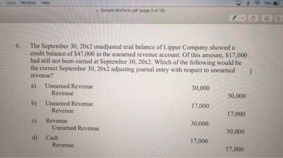 Tools Window Help * 73% Sample Mid Term.pdf (page 3 of 13) 6. I The September 30, 20x2 unadjusted trial balance of Lipper Com