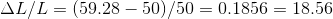 \Delta L/L=(59.28-50)/50 = 0.1856 =18.56