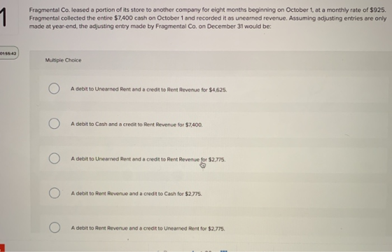 Fragmental Co. leased a portion of its store to another company for eight months beginning on October 1, at a monthly rate of