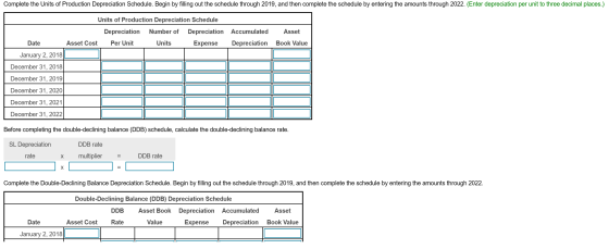 Complete the Units of Production Depreciation Schedule. Begin by filling out the schedule through 2019, and then complete the