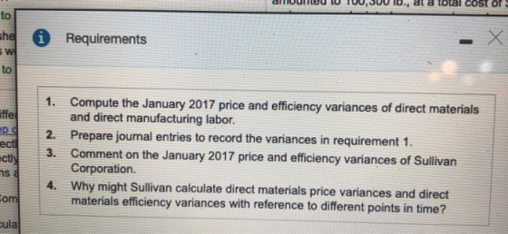 allieu W,JUU D., al a total cost of 99 i Requirements 1. Effet ect Compute the January 2017 price and efficiency variances of