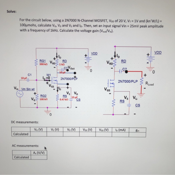 Solve: For the circuit below, using a 2N7000 N-Channel MOSFET, VDD Of 20 V, V 1V and (knw/L)- 100umohs, calculate Vo, Vo and Vs and lo. Then, set an input signal Vin 25mV peak amplitude with a frequency of 1kHz. Calculate the voltage gain (Von/Vn) + VDD RG1 V 390 kn RD VRD 堲 C. C1 M1 IG=01- 10μ5 2N7000/PLP 2N7000/PLPRLoad VGS V, GS RS 15F 0.47k CS RS CS DC measurements: Calculated AC measurements: A VV Calculated