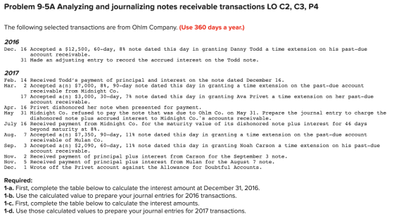 Problem 9-5A Analyzing and journalizing notes receivable transactions LO C2, C3, P4 The following selected transactions are f