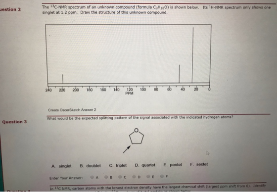 The 13C-NMR spectrum of an unknown compound (formula CgH180) is shown below. Its 1H-NMR spectrum only shows one singlet at 1.