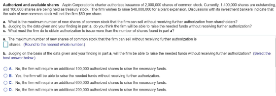 Authorized and available shares Aspin Corporations charter authorizes issuance of 2,000,000 shares of common stock. Currentl