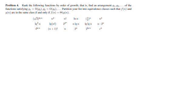 Problem 4. Rank the following functions by order of growth; that is, find an arrangement g192 of the functions satisfying 91 Ω(92).92-Ω(gs), . . . Partition your list into equivalence classes such that f(n) and g(n) are in the same class if and only if f(n-6(g(n). In n lg2n g(n!)nlgn glgn n2 15n (n1! n225n e