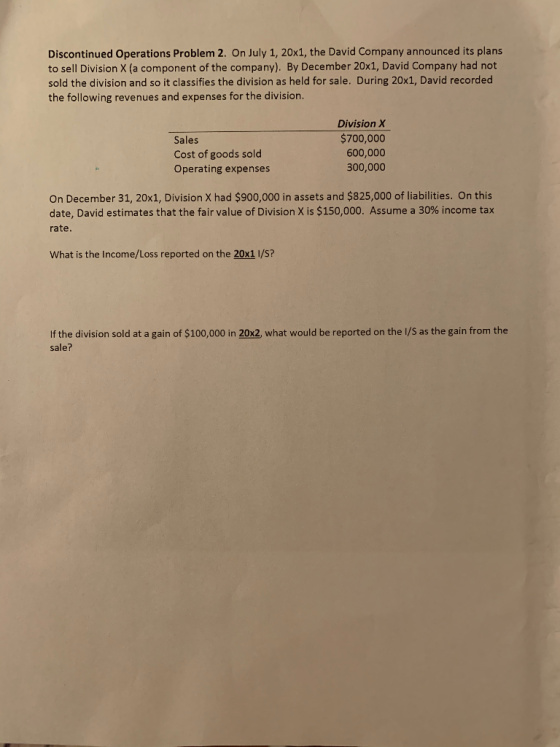 Discontinued Operations Problem 2. On July 1, 20x1, the David Company announced its plans to sell Division X (a component of