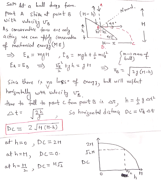 som let a A Normal, 450 H h we can apply conservation to 451 45. 4590 K x -) C Ex = mgh Н. m- man ball drops from. Point A Sh