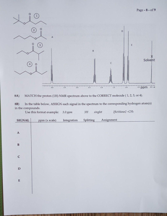 Page - 8 - of 9 B Solvent • ppm 8A) MATCH the proton (1H) NMR spectrum above to the CORRECT molecule (1, 2, 3, or 4). 8B) In