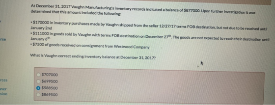 At December 31, 2017 Vaughn Manufacturings inventory records indicated a balance of $877000. Upon further investigation it w