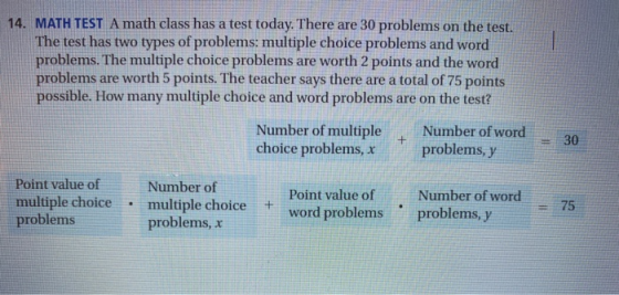14. MATH TEST A math class has a test today. There are 30 problems on the test. The test has two types of problems: multiple