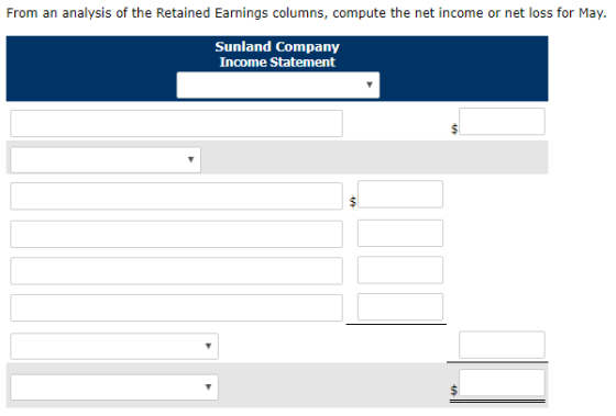 From an analysis of the Retained Earnings columns, compute the net income or net loss for May Sunland Company Income Statemen