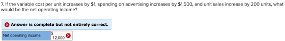 7. If the variable cost per unit increases by $1, spending on advertising increases by $1,500, and unit sales increase by 200