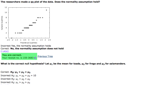 The researchers made a qq plot of the data. Does the normality assumption hold? 12 10 8 **** * Sample Quantiles 6 4 Xet 2 2 0