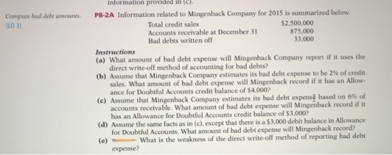 information provided in tc). Compute bad debt amounts. P8-2A Information related to Mingenback Company for 2015 is summarized below. (LO 3) Total credit sales Accounts receivable at December 31 Bad debts written off $2,500,000 875,000 33,000 Instructions (a) What amount of bad debt expense will Mingenback Company report if it uses the (b) Assume that Mingenback Company estimates its bad debt expense to be 2% of credit (c) Assume that Mingenback Company estimates its bad debts pens based on 6%of direct write-off method of accounting for bad debts? sales. What amount of bad debt expense will Mingenback record if it has an Allow- ance for Doubtful Accounts credit balance of $4,000? accounts receivable. What amount of bad debt expense will Mingenback record if it has an Allowance for Doubtful Accounts credit balance of $3,000? for Doubtful Accounts. What amount of bad debt expense will Mingenback record? expense? (d )Assume the same facts as in (c), except that there is a $3,000 debit balance in Allowance (eWhat is the weakness of the direct write-off method of reporting bad debt