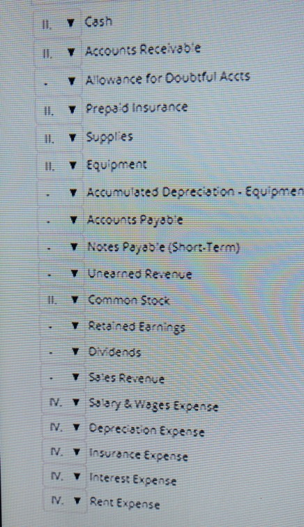 y Cash 1. y Accounts Recevable y Allowance for Doubtful Accts Pregas Insurance 11. y Supplies II. Y Equipment 7 Accumulate 3