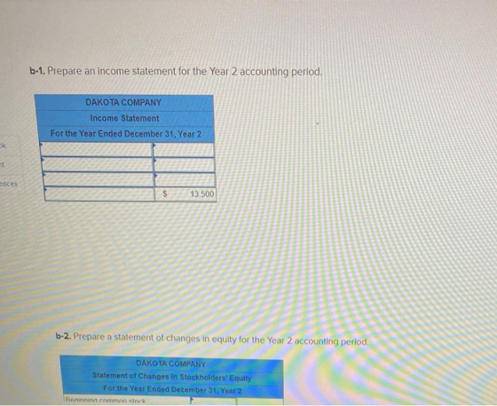 b-1. Prepare an income statement for the Year 2 accounting period. DAKOTA COMPANY Income Statement For the Year Ended Decembe
