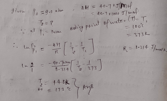 , given, logo atm AH = 40.7 kJ/mol – 40.7 + 2000 J/mol T, - ? at paparm Boiling point of water (T) = T, = 1000 - 3738 R = 8+3